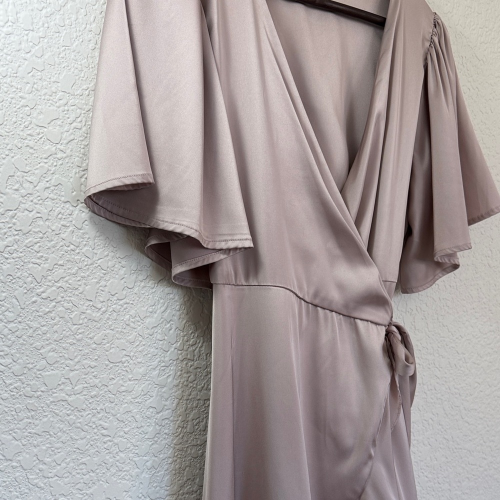 Satin‎ Wrap Dress in Champagne With Ruffled Asymmetric Hem - Picture 5 of 16